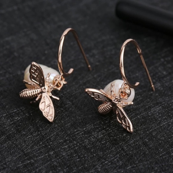 Yellow Gold Pearl Drop Delicate Bee Earrings - Picture 2 of 5